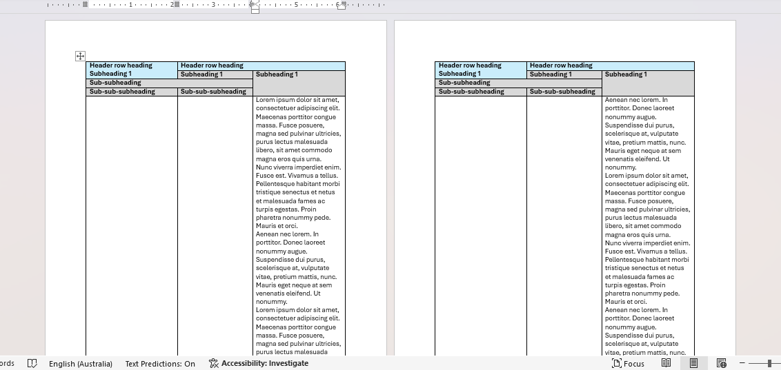 Complex header and subheading rows example across pages